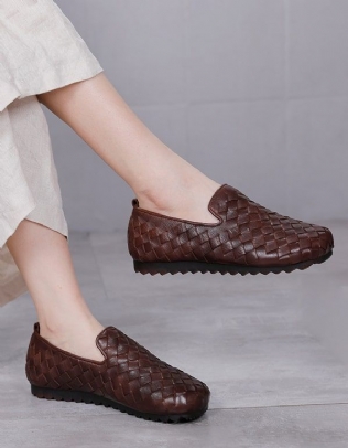 Mocassins Plats Rétro Tissés À La Main En Cuir Pour Femmes