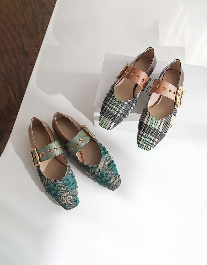 Plaid Low Square Head Mary Jane Chic Flats