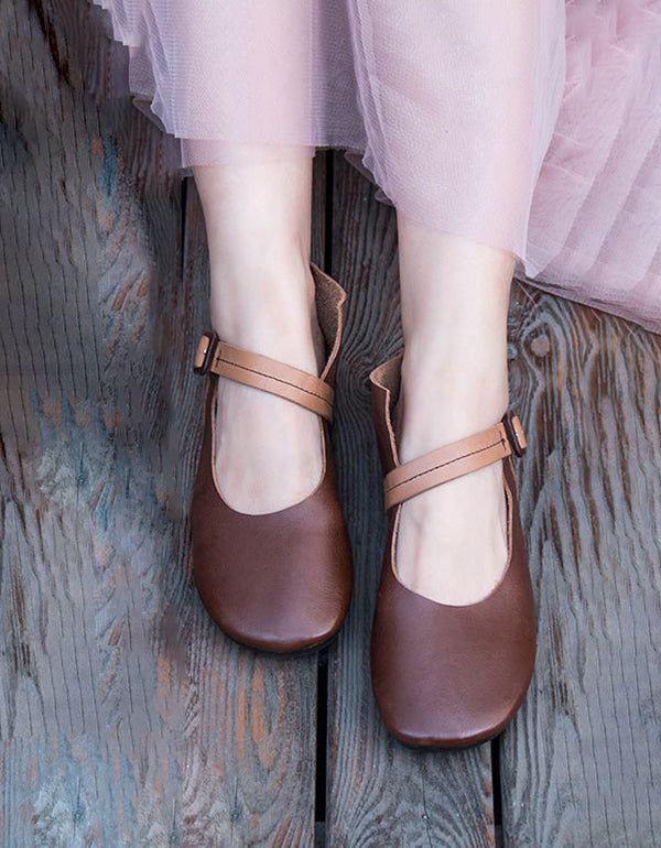 Spring Buckle Simple Retro Leather Flats