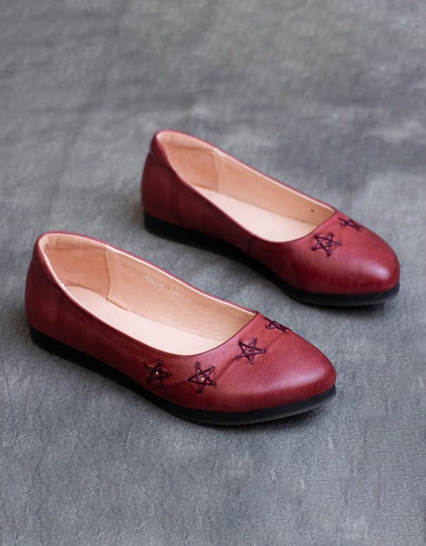 Spring Retro Leather Flats Handmade Pointed Pumps