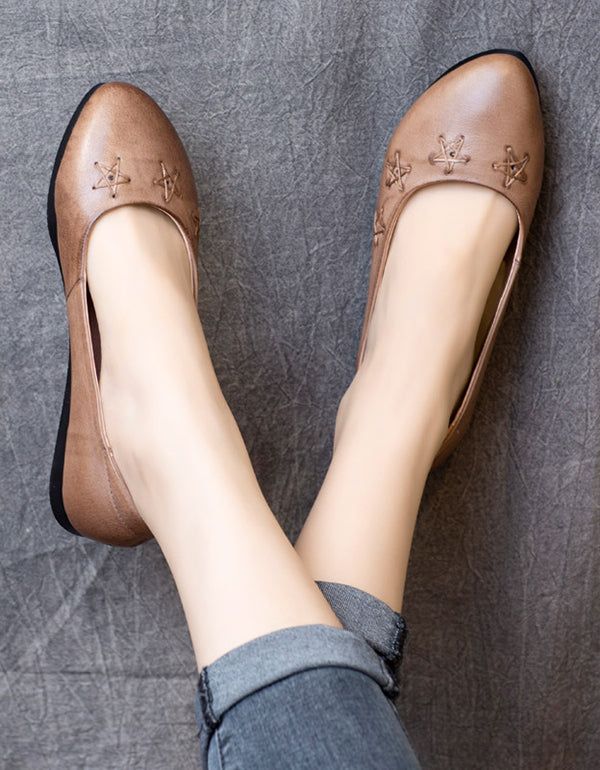 Spring Retro Leather Flats Handmade Pointed Pumps