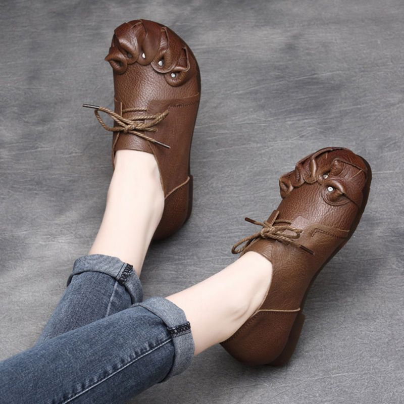 Spring Retro Leather Handmade Soft Bottom Flat Women's Shoes | Chaussures Cadeaux