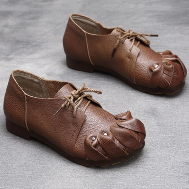 Spring Retro Leather Handmade Soft Bottom Flat Women's Shoes | Chaussures Cadeaux