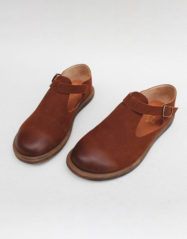 T-strap Flat Handmade Leather Women's Shoes