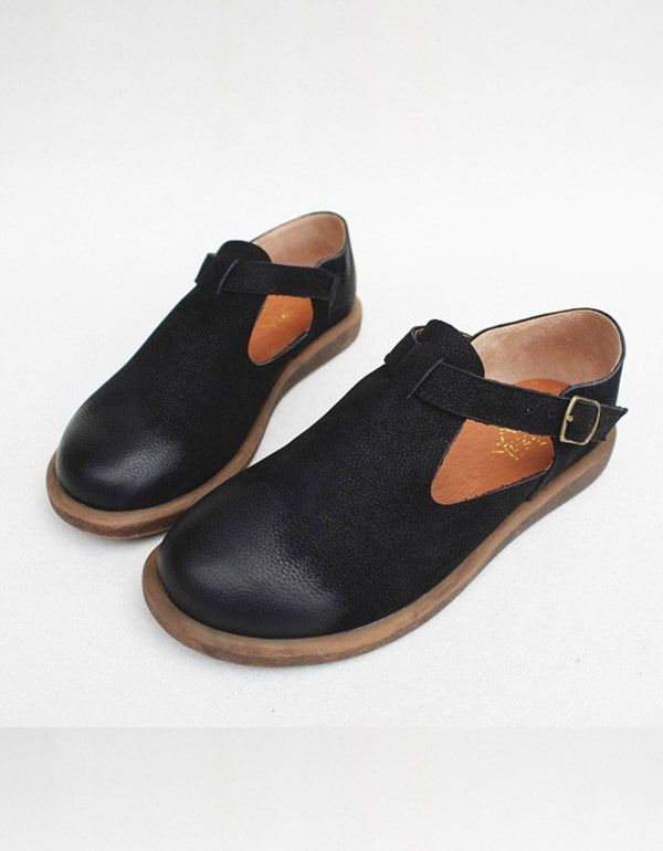 T-strap Flat Handmade Leather Women's Shoes