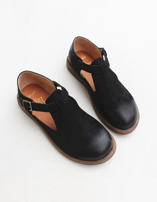 T-strap Flat Handmade Leather Women's Shoes