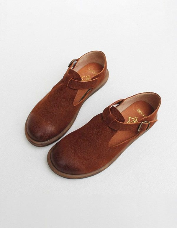 T-strap Flat Handmade Leather Women's Shoes