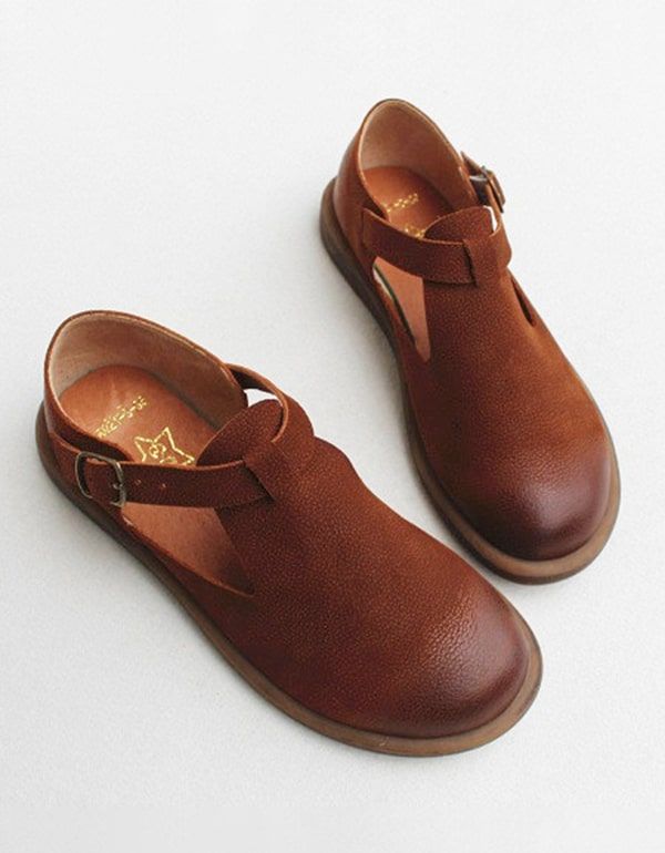 T-strap Flat Handmade Leather Women's Shoes