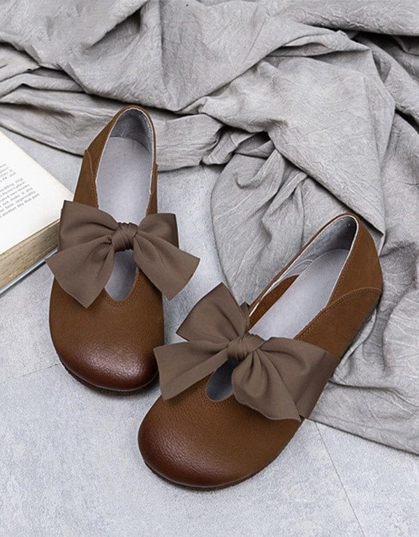 Tête Ronde Bowknot Rétro Chaussures Plates En Cuir Femmes