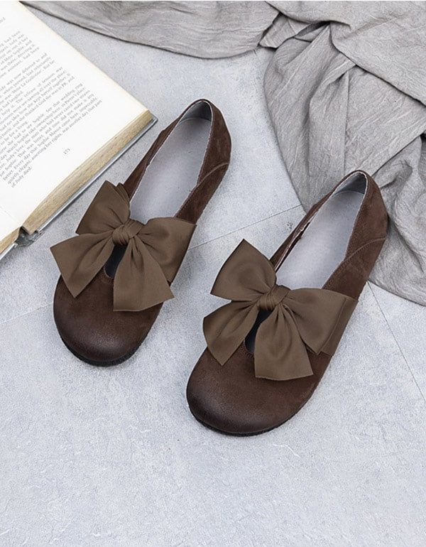 Tête Ronde Bowknot Rétro Chaussures Plates En Cuir Femmes