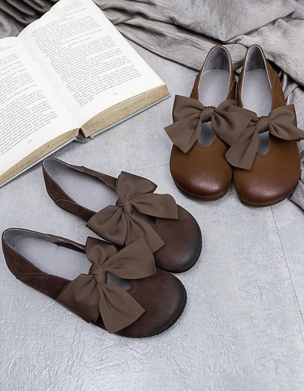 Tête Ronde Bowknot Rétro Chaussures Plates En Cuir Femmes