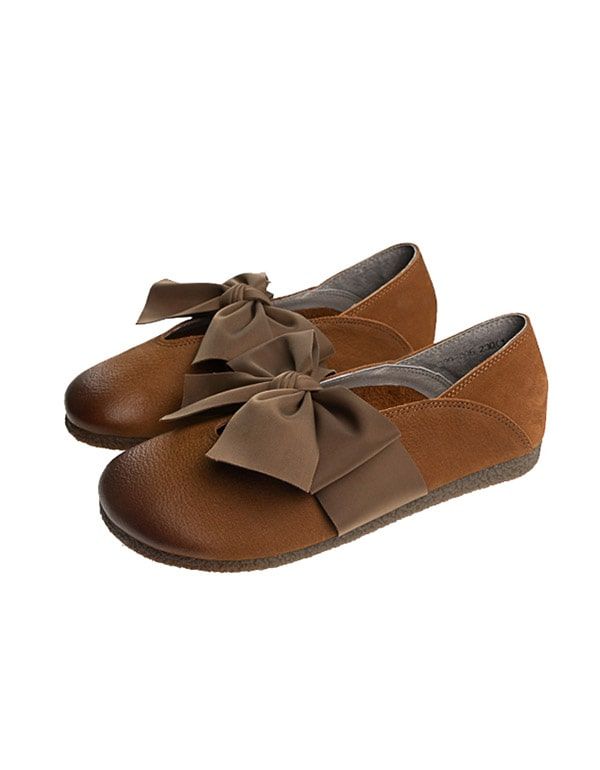 Tête Ronde Bowknot Rétro Chaussures Plates En Cuir Femmes