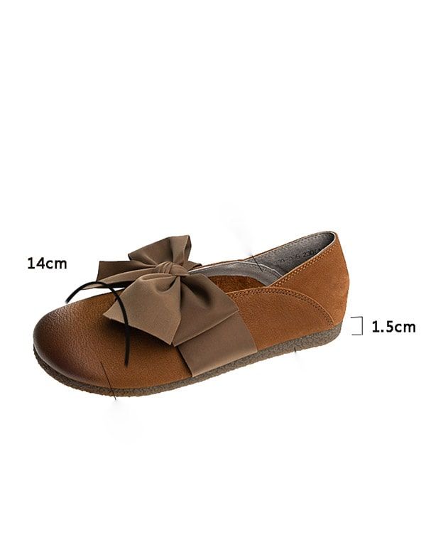 Tête Ronde Bowknot Rétro Chaussures Plates En Cuir Femmes