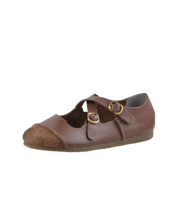 Tête Ronde Bowknot Rétro Chaussures Plates En Cuir Femmes