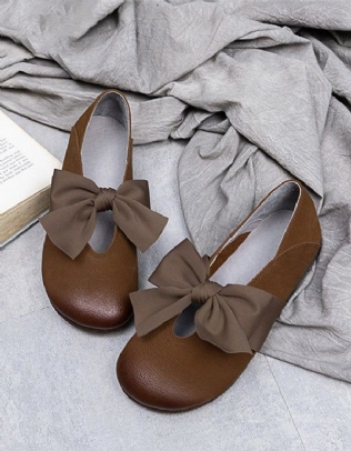 Tête Ronde Bowknot Rétro Chaussures Plates En Cuir Femmes