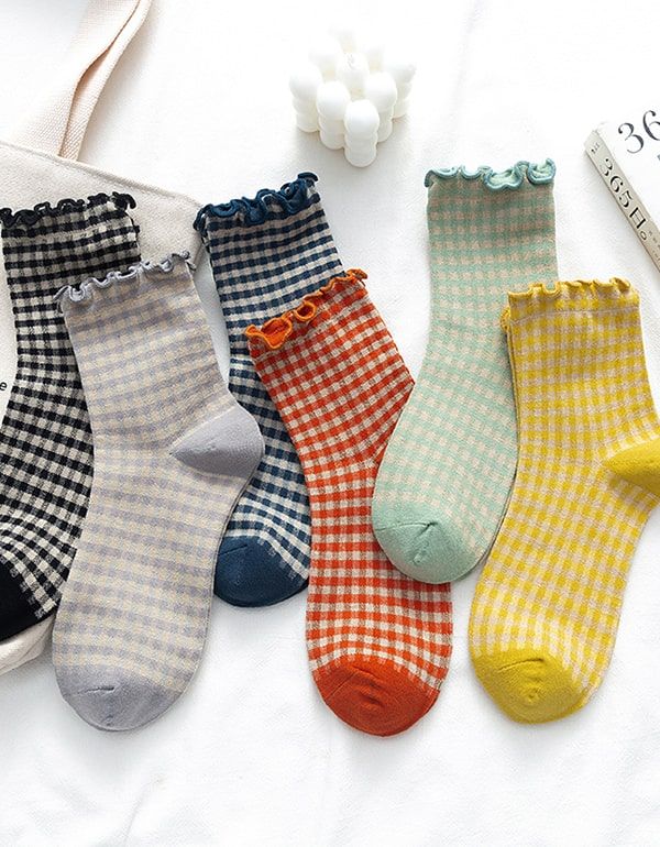 2 Paires De Chaussettes En Coton À Carreaux 6 Couleurs Pour Femmes