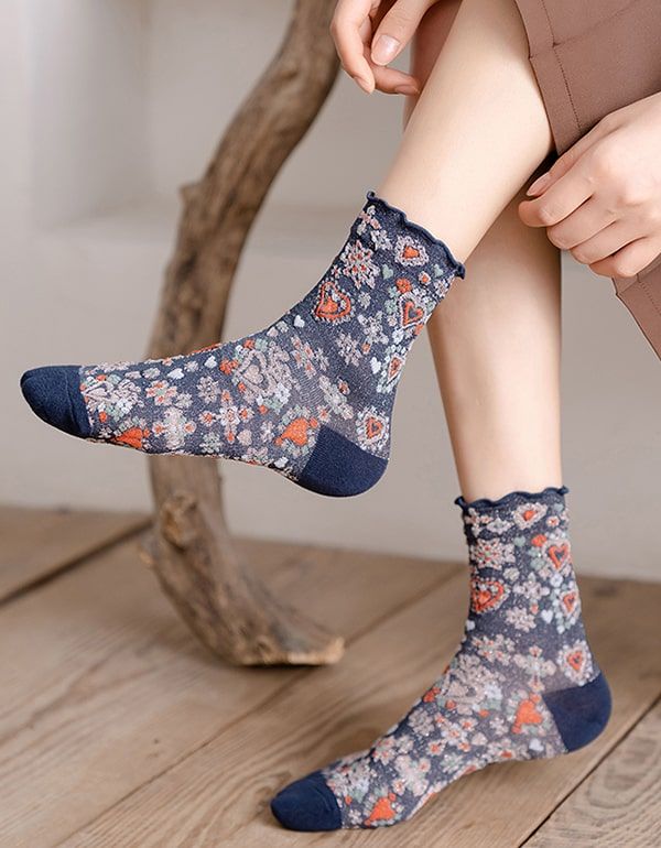 2 Paires De Chaussettes En Coton À Fleurs Vintage Brillantes