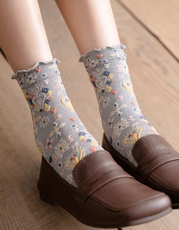 2 Paires De Chaussettes En Coton À Fleurs Vintage Brillantes