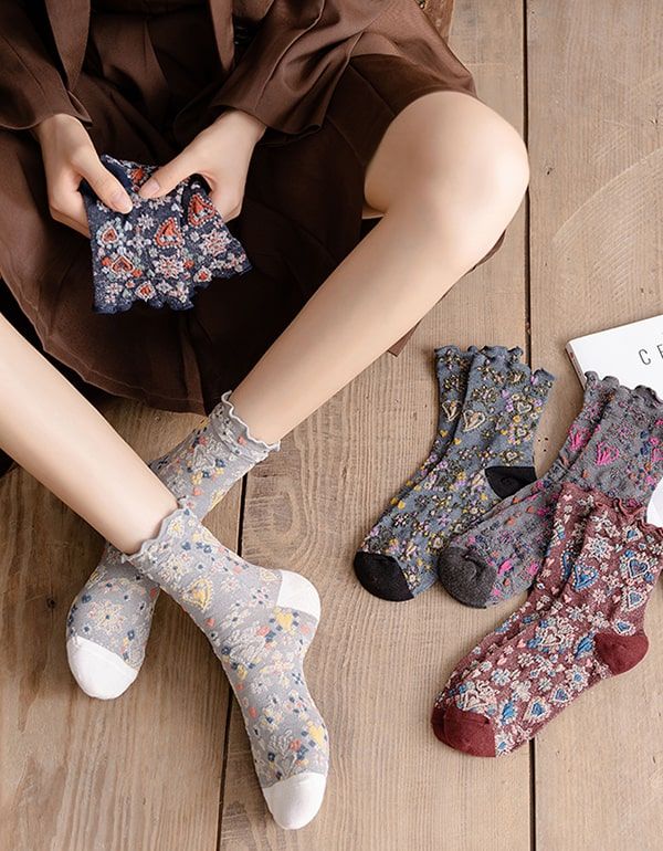 2 Paires De Chaussettes En Coton À Fleurs Vintage Brillantes