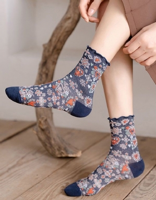 2 Paires De Chaussettes En Coton À Fleurs Vintage Brillantes