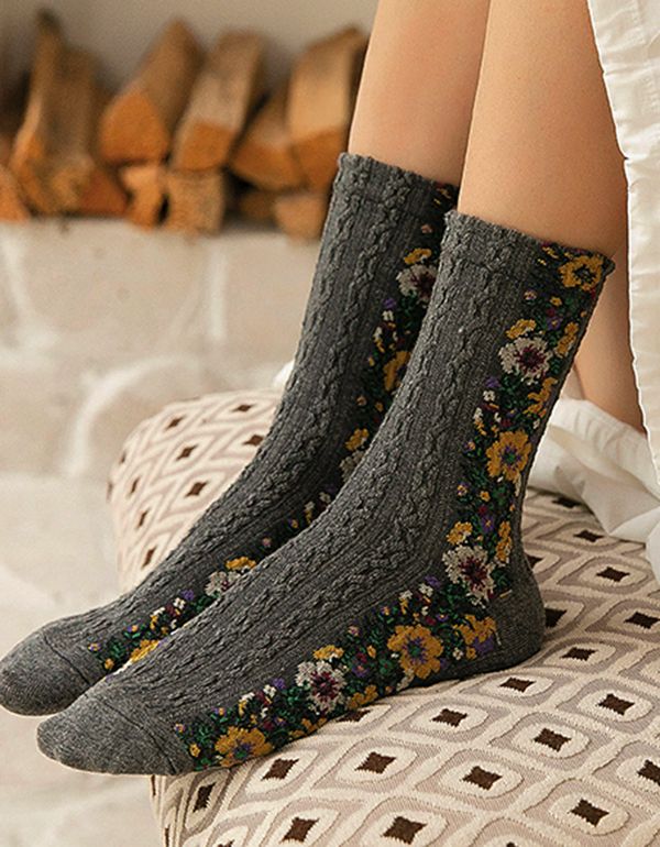 4 Paires Chaussettes Vintage Chaussettes Longues Tube Femme Floral