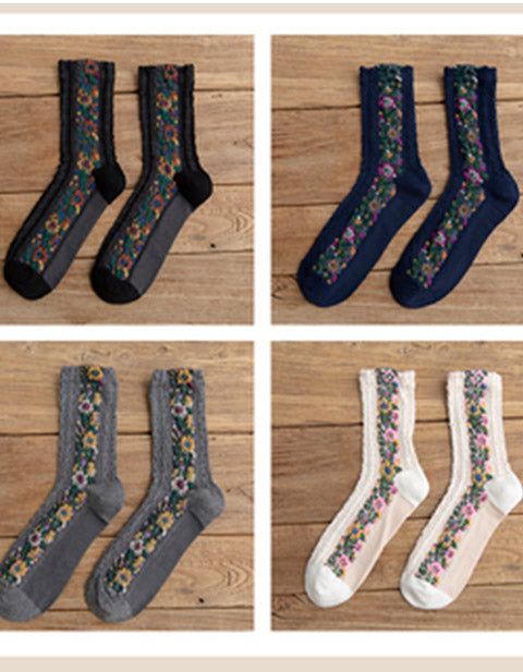 4 Paires Chaussettes Vintage Chaussettes Longues Tube Femme Floral