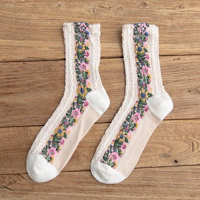 4 Paires Chaussettes Vintage Chaussettes Longues Tube Femme Floral