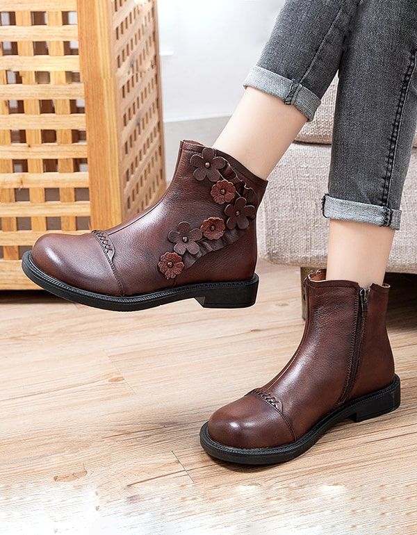 Automne Hiver Tête Ronde Ethnique Rétro Bottes