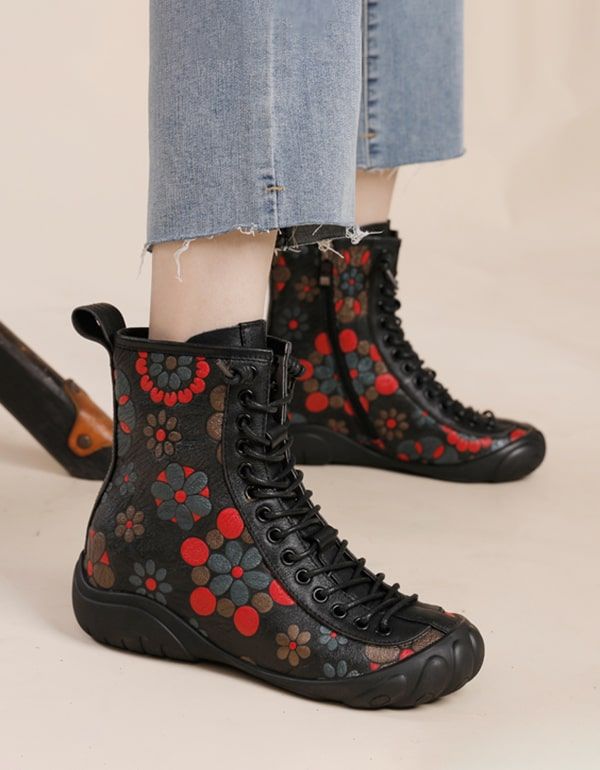 Bottes En Cuir Imprimé Fleuri À Lacets De Style Ethnique