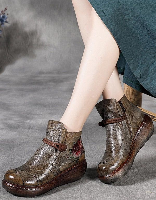 Bottes Pour Femmes En Cuir Gaufré Vintage Faites À La Main