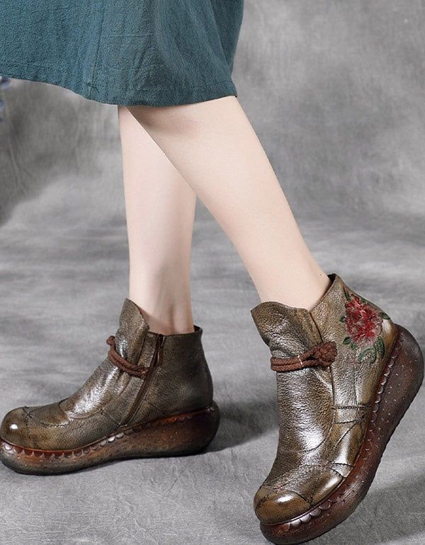 Bottes Pour Femmes En Cuir Gaufré Vintage Faites À La Main