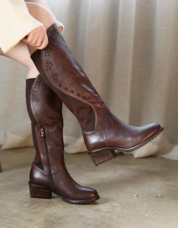 Bottes Hautes Pour Femmes En Cuir Rétro Faites À La Main