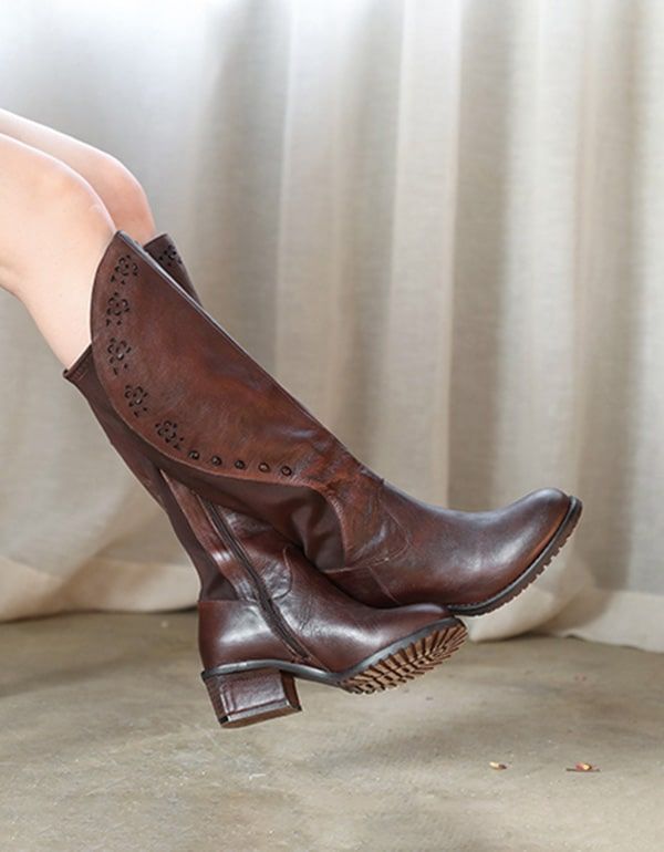 Bottes Hautes Pour Femmes En Cuir Rétro Faites À La Main