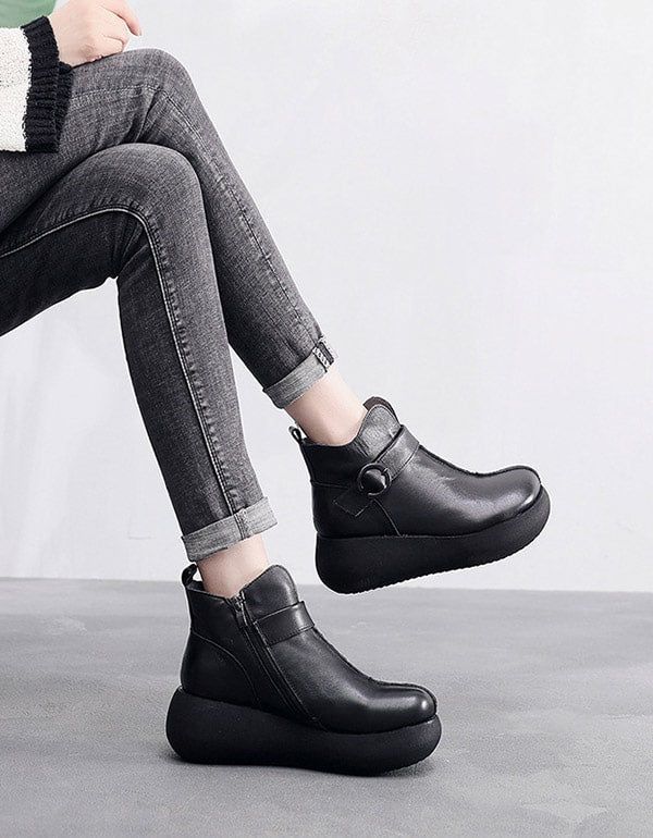 Bottes À Plateforme En Cuir Rétro Pour Femmes