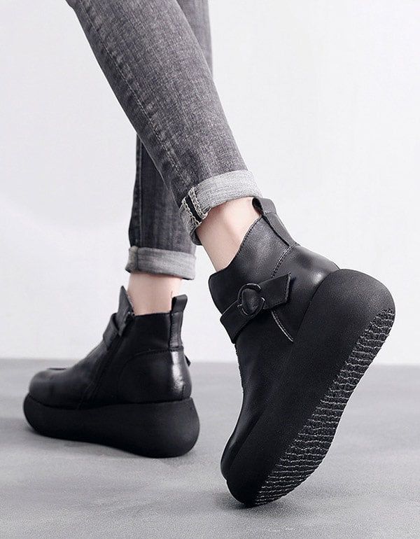 Bottes À Plateforme En Cuir Rétro Pour Femmes