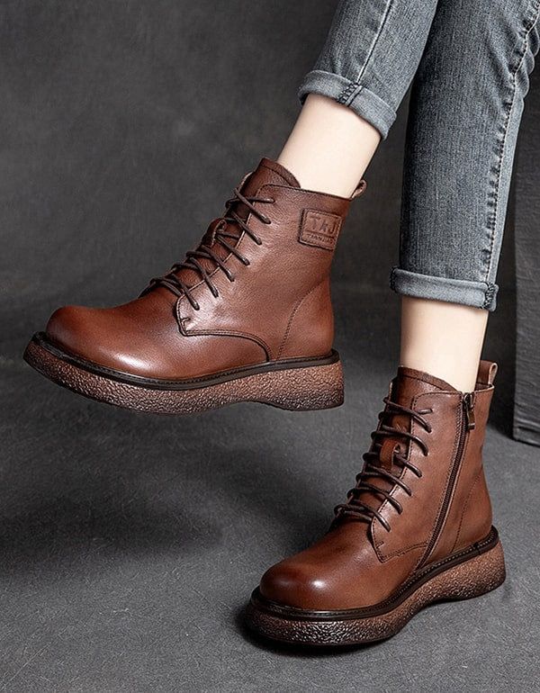 Bottes Rétro Faites À La Main À Tête Ronde Pour Femmes