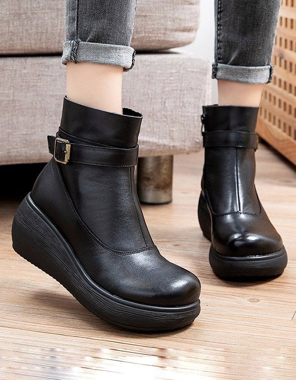 Bottines Compensées En Cuir Rétro Antidérapantes D'hiver