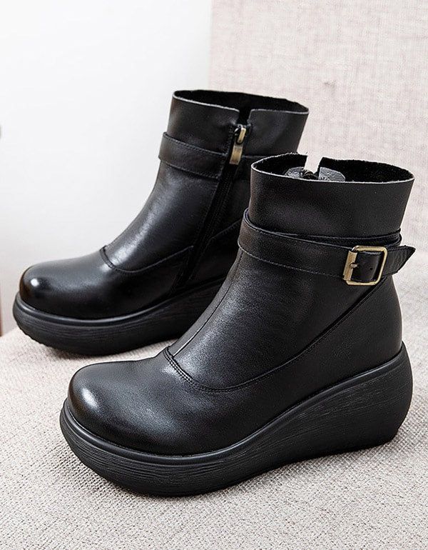 Bottines Compensées En Cuir Rétro Antidérapantes D'hiver