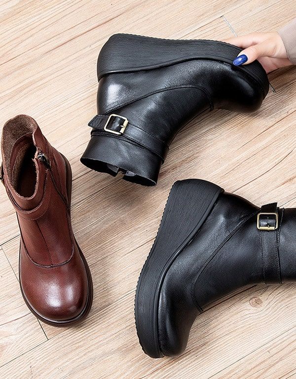 Bottines Compensées En Cuir Rétro Antidérapantes D'hiver