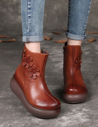 Bottines Compensées En Cuir Rétro À Fleurs