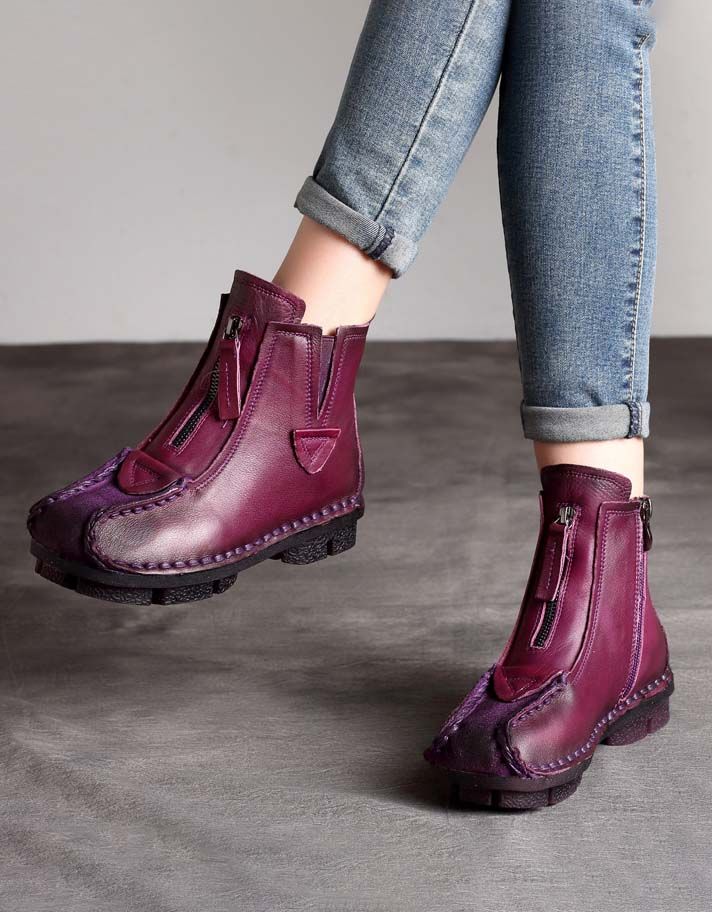 Bottines En Cuir Faites À La Main Rétro Automne-hiver