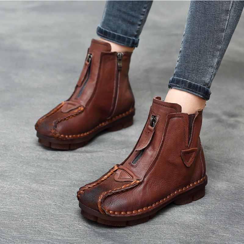 Bottines En Cuir Faites À La Main Rétro Automne-hiver