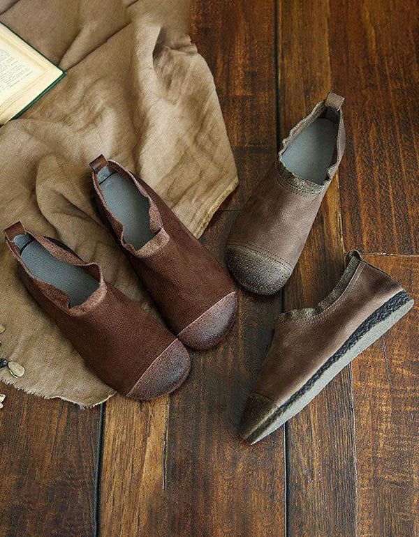 Chaussures Pour Femmes Plates En Cuir À Coutures Rétro En Bois