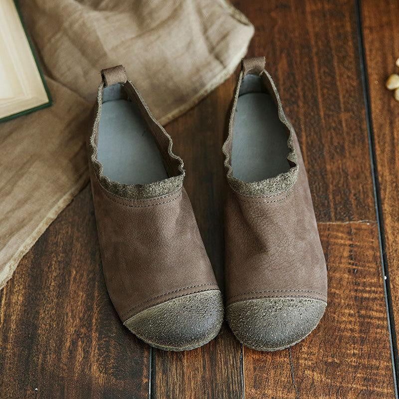 Chaussures Pour Femmes Plates En Cuir À Coutures Rétro En Bois