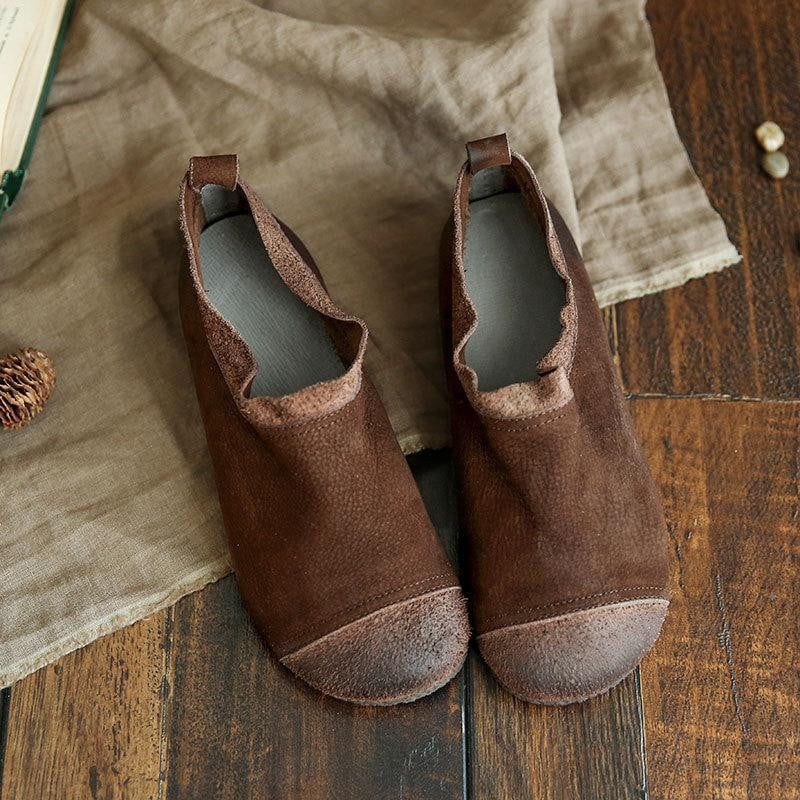 Chaussures Pour Femmes Plates En Cuir À Coutures Rétro En Bois