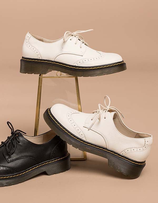 Chaussures Oxford À Talons Épais En Cuir Véritable Pour Femmes