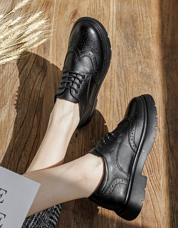 Chaussures Oxford À Talons Épais De Style Britannique En Cuir Véritable