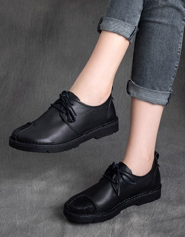 Chaussures Plates Pour Femmes À Bout Rond En Cuir Véritable Faites À La Main