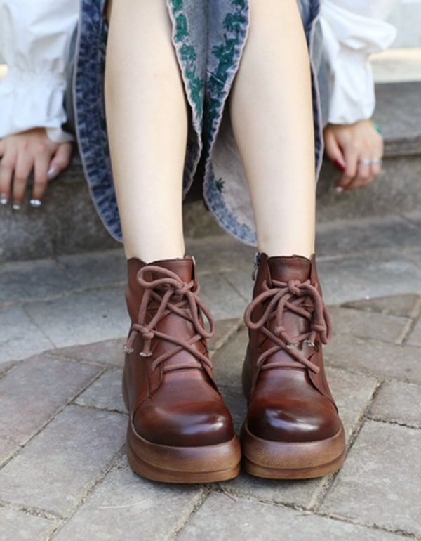 Nouvelles Bottes À Plateforme En Cuir Rétro À Lacets D'automne