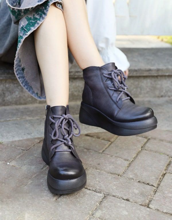 Nouvelles Bottes À Plateforme En Cuir Rétro À Lacets D'automne